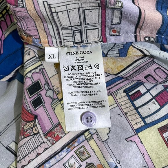 Stine Goya Maxwell Palazzo Doll House Print Silk Shirt Top Pastel Stairs Room XL - Picture 4 of 6